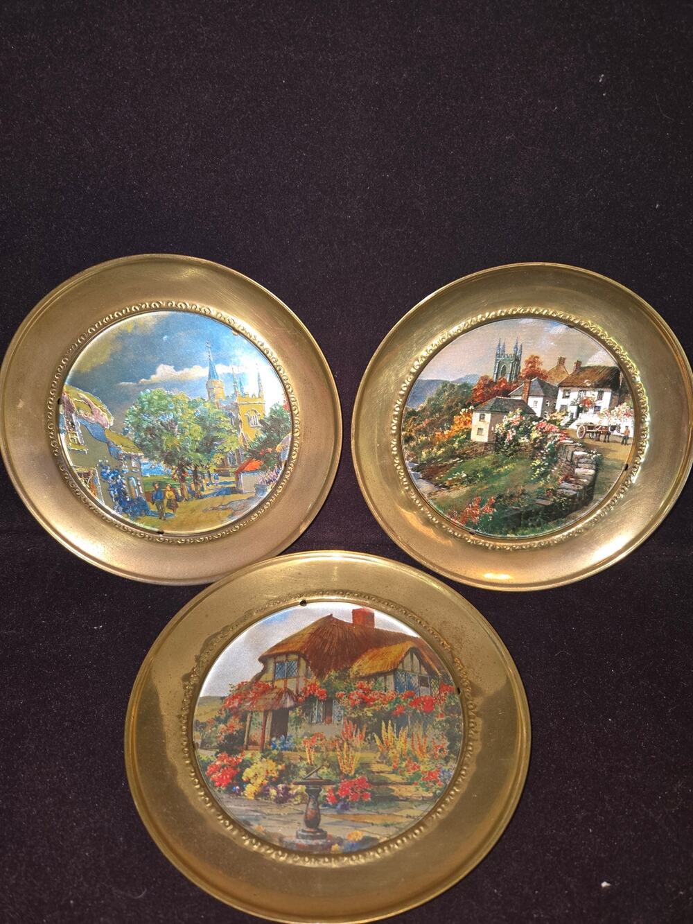 Vintage Brass Foil Art Wall Hanging Plates Set 3 English Countryside Cottage